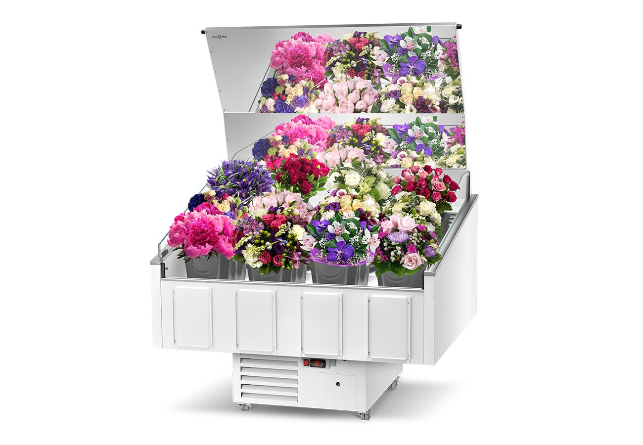 white refrigerated flower counter 